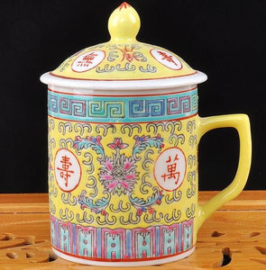 Traditional Chinese Jingdezhen Ceramic Blue and White Porcelain Mug Red/Blue/Yellow Tea Cup with Lid Drinkware 300ml